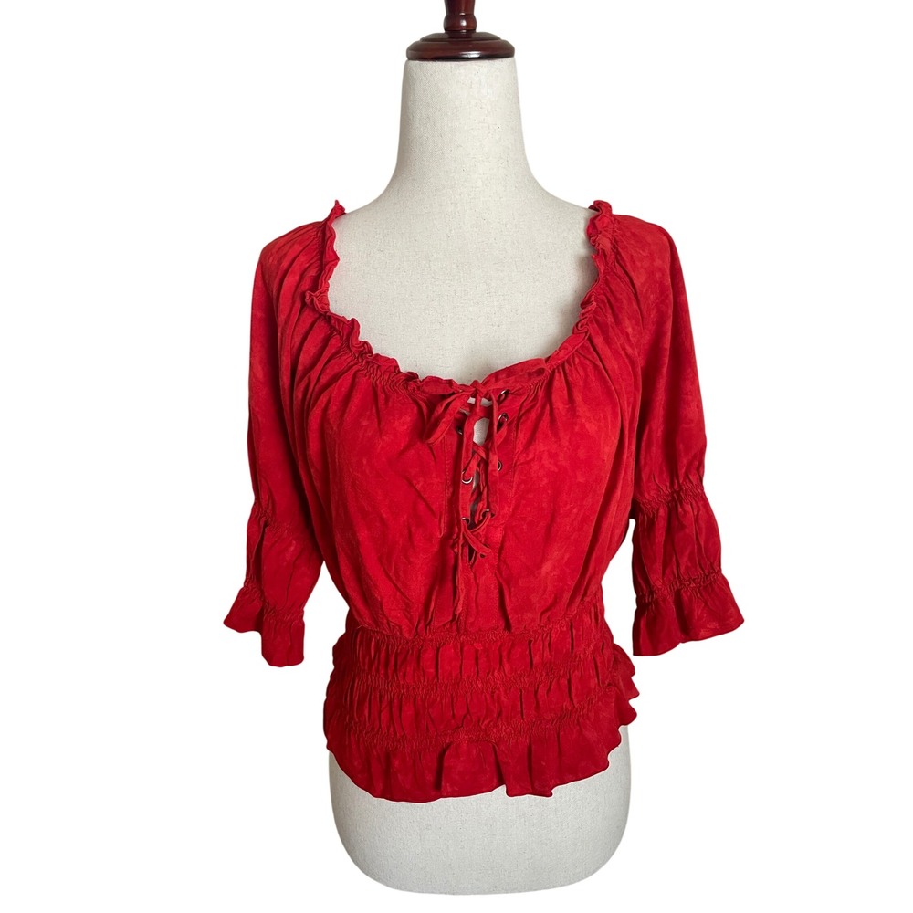 Boho Lace Up Red Cotton Peasant Top Smocked Renaissance Pirate Small Festival